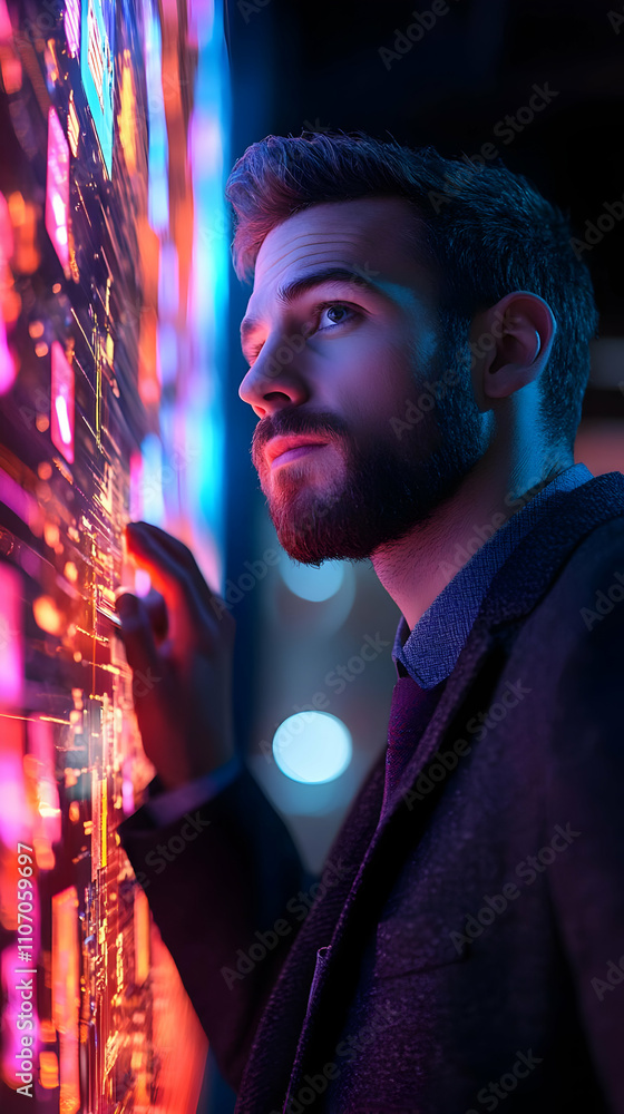 Aufkleber a man in a suit interacts with a vibrant, illuminated digital display.