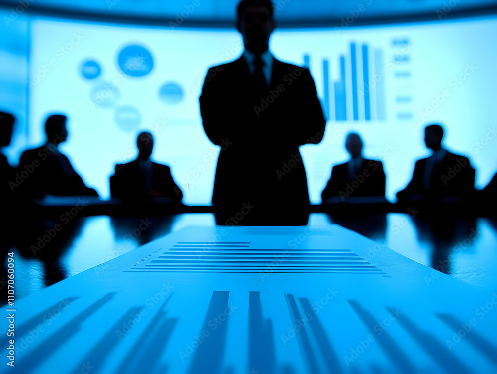 Aufkleber a business meeting with silhouettes discussing data and strategies.