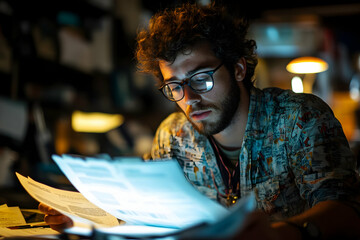 Obraz premium A young man studies documents under warm light in a cozy, cluttered workspace.
