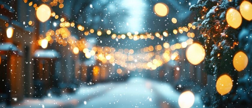 Beautiful blurred background of snowy Christmas landscape, city decorated with garlands.Decorated street Christmas eve festive time unfocused abstraction concept with bokeh lights on Christmas tree 