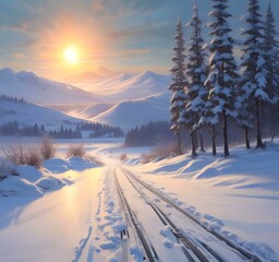 Illustration of winter landscape with road in wild.