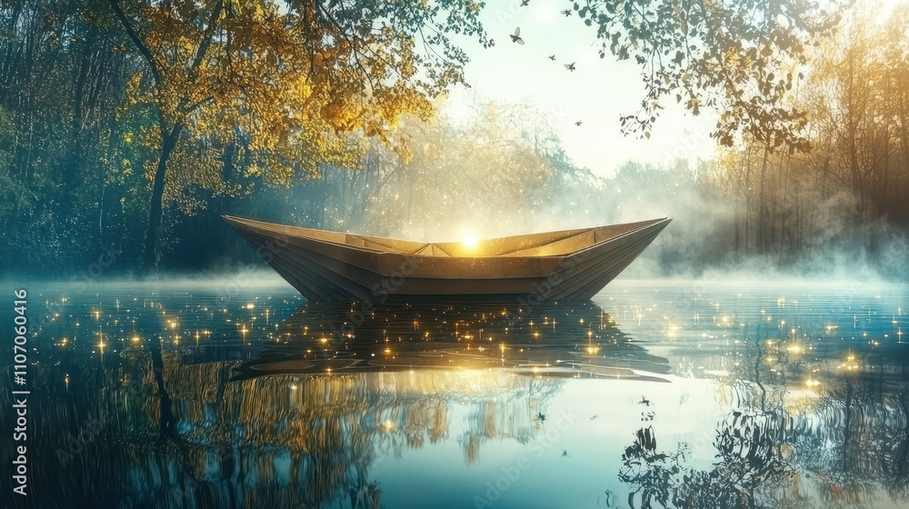 Poster whimsical paper boat glowing faintly as it floats on serene lake surrounded by mist and trees, creat