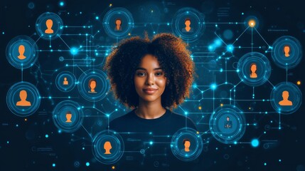 A digital portrait of a woman with facial recognition scanning technology symbolizes the future of personal identification and data security. AI generative