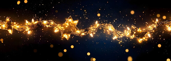 Obraz premium Christmas warm gold garland lights over dark background with glitter overlay