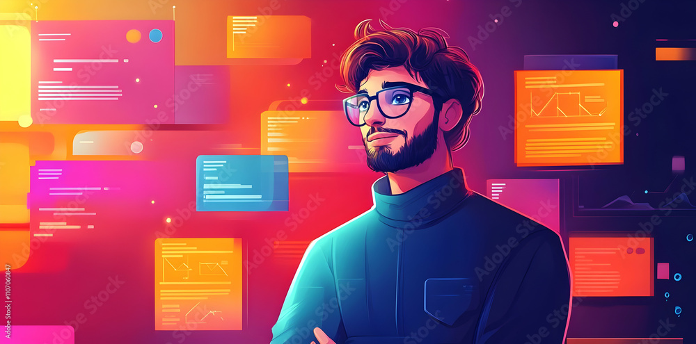 Poster A thoughtful individual surrounded by colorful digital data and coding elements.