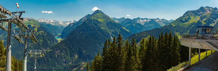 High resolution stitched alpine summer panorama at Mount Penken, Mayrhofen, Finkenberg, Zillertal valley, Schwaz, Zell am Ziller, Tyrol, Austria