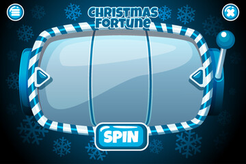 Christmas slot machine. Banner with candy empty slot machine for casino game in blue color.
