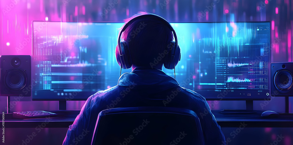 Poster A person wearing headphones sits in front of dual monitors displaying audio visualizations.