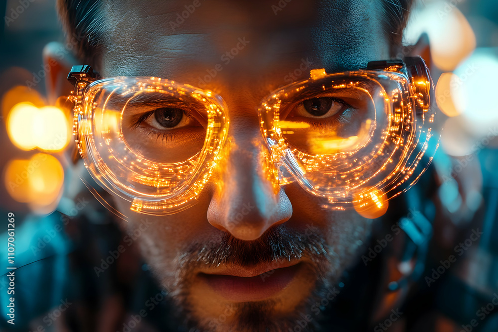 Poster a close-up of a man wearing futuristic glasses with glowing elements.