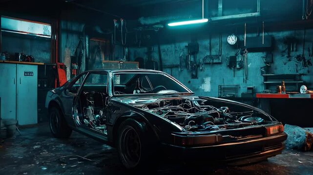 Vintage car restoration in an atmospheric garage setting with dim lighting