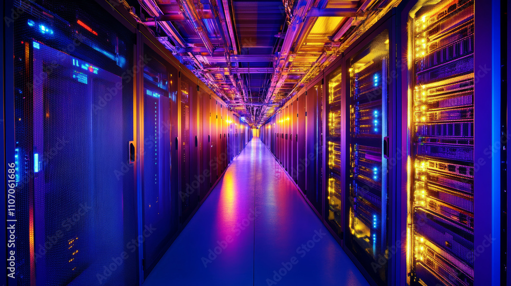 Poster data center room tunnel with neon blue and pink light glow. realistic 3d vector illustration of abst