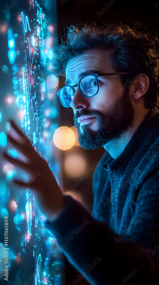 Poster A man interacts with a digital display, exploring illuminated data in a dark environment.