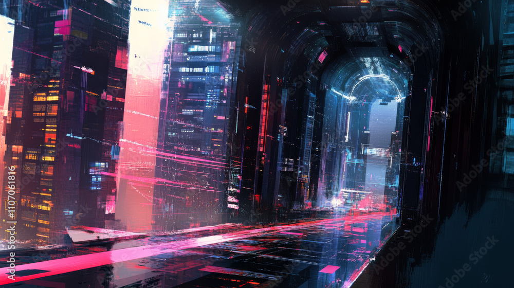 Poster data center room tunnel with neon blue and pink light glow. realistic 3d vector illustration of abst