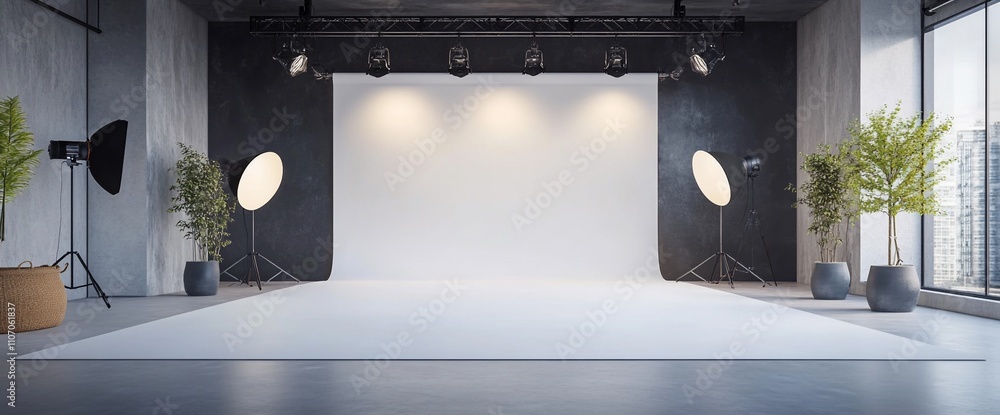 Poster a spacious photography studio with lighting and a blank backdrop.