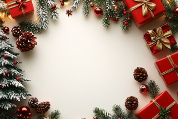  group of cute tiny Christmas branches, Christmas ornaments and Gift boxes on white backdrop, clean and minimalist style perfect for sale banners 