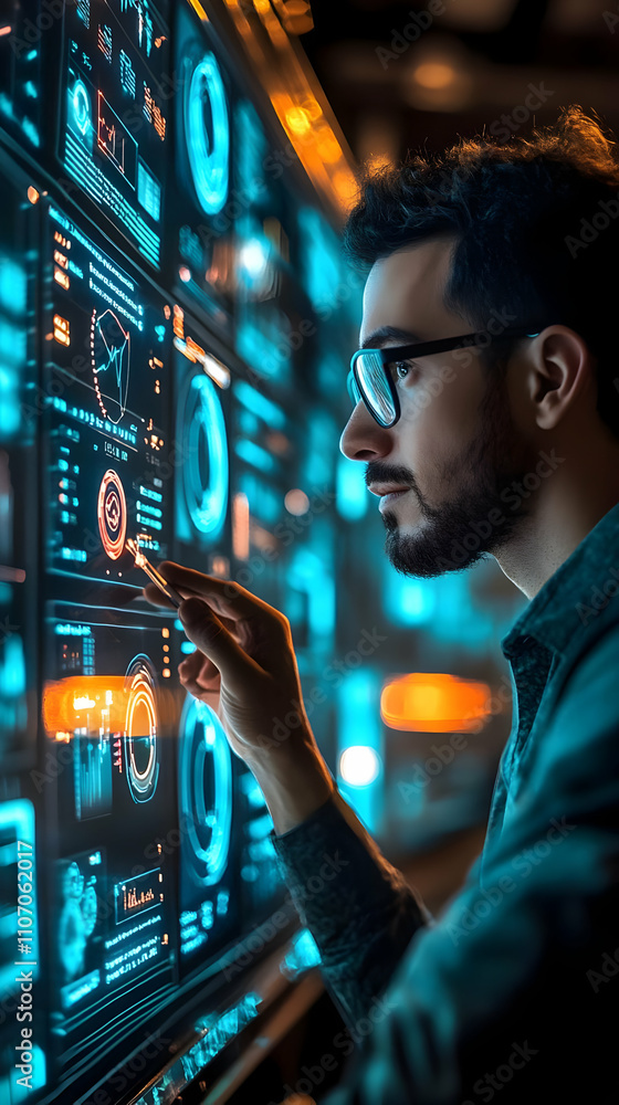 Poster A man interacts with a futuristic digital interface displaying data and analytics.