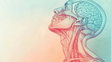 Obraz premium A detailed anatomical illustration of a human head, showcasing facial muscles, neck structure, and brain, with a soft gradient background.