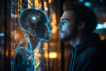 Obraz premium young man interacting with a virtual assistant