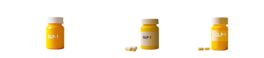 Set of a, yellow and white bottle of pills with the word GLP-1, isolated on a transparent background.