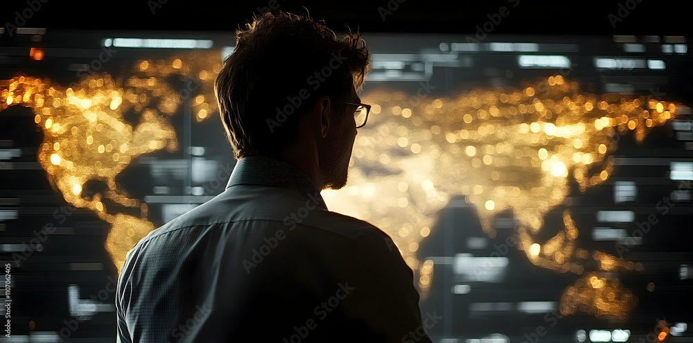 Poster a person observes a glowing world map on a digital screen, suggesting analysis or strategy.