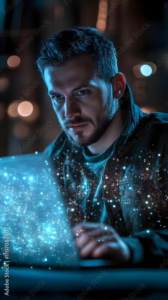 Poster A focused man working on a laptop with a digital, starry effect surrounding him.
