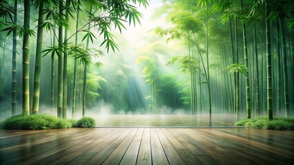 Serene Bamboo Forest with Misty Pond and Wooden Deck