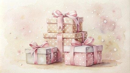 Fototapeta premium A Stack of Beautifully Wrapped Presents with Pink Ribbons and Polka Dots on a Soft Background