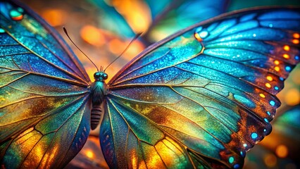 Close-up view of a vibrant iridescent butterfly with intricate wing details, showcasing a spectrum of dazzling colors and textures in a warm, atmospheric setting