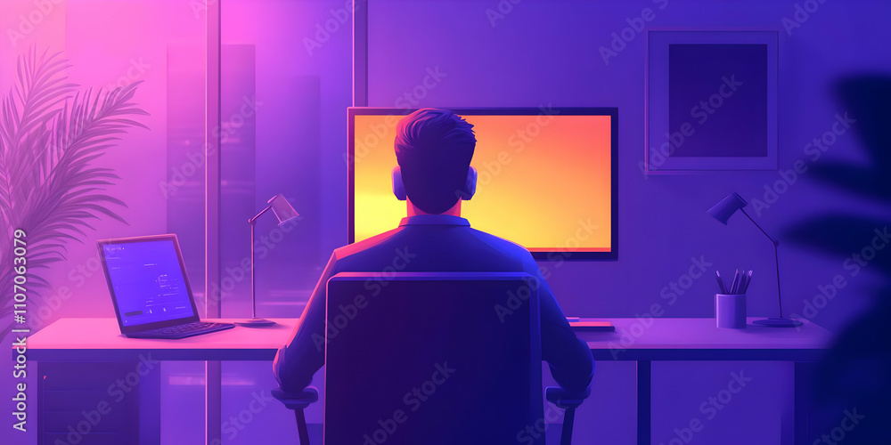 Poster a person sitting at a desk, facing a glowing screen in a modern workspace.