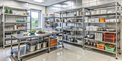 Naklejka premium Organized Hospital Kitchen Storage Area with Neatly Arranged Supplies and Ample Copy Space for Text, Showcasing Efficient Use of Space and Functionality in a Healthcare Environment