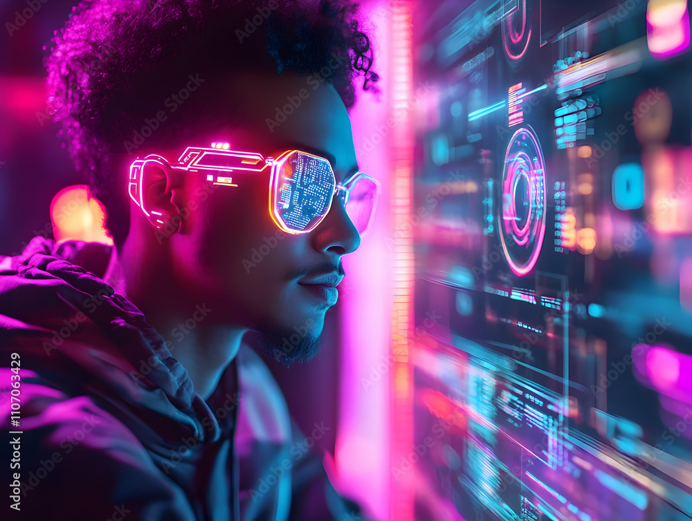 Poster a person wearing futuristic glasses interacts with a digital interface filled with neon graphics.