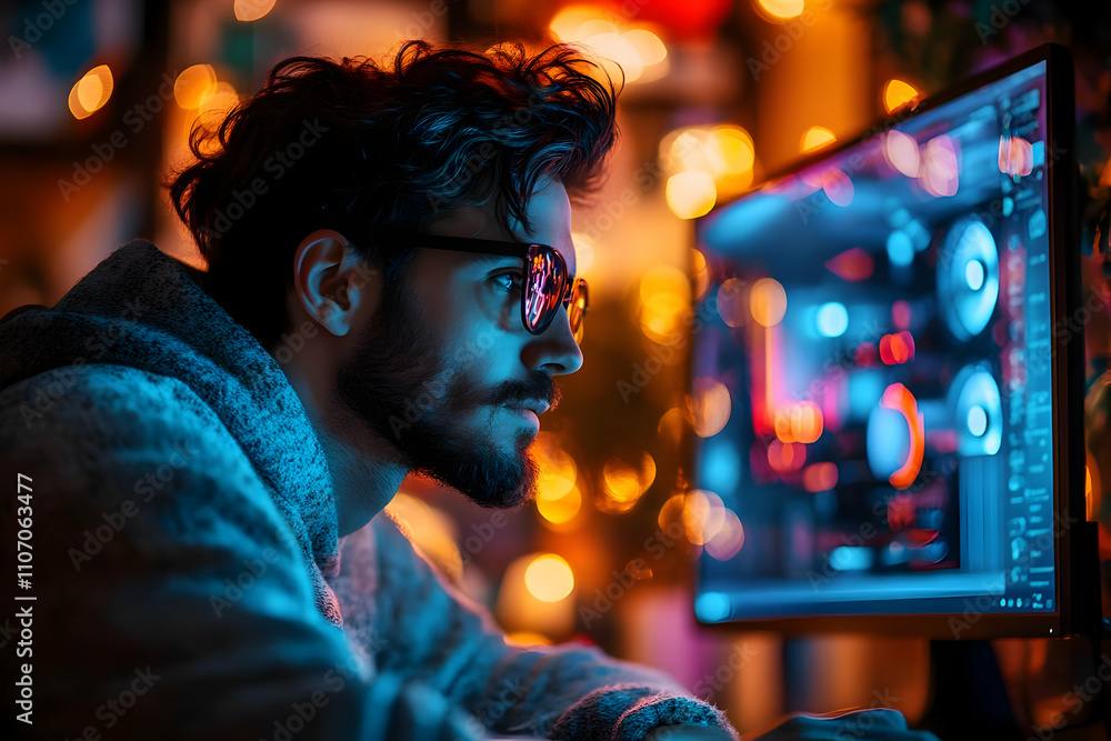 Poster A focused individual working on a computer amidst a colorful, illuminated background.