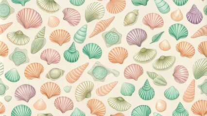 Seashells Pattern A Delicate Watercolor Illustration of Various Seashell Types Arranged in a Repeating Design