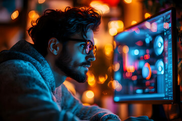Fototapeta premium A focused individual working on a computer amidst a colorful, illuminated background.
