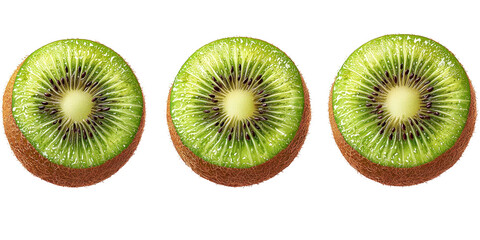 Fototapeta premium Three Halved Kiwi Fruits on a White Background Showcasing Their Vibrant Green Flesh and Unique Texture Perfect for Fresh Fruit Enthusiasts and Healthy Recipes