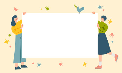 大きなボードを持つ2人の女性 イラストフレーム