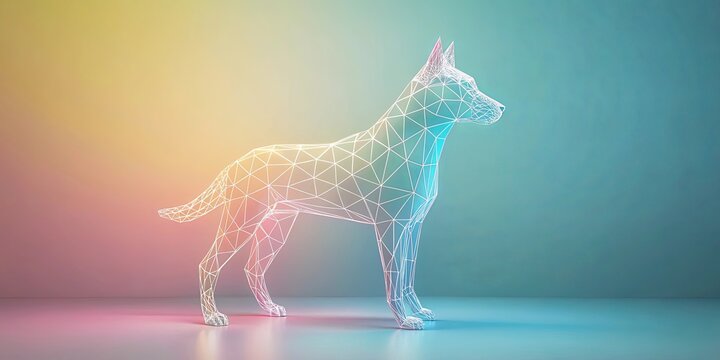 Low-poly canine rendered in vibrant pastel hues against a soft gradient background