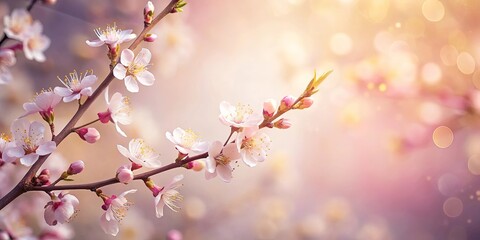 Delicate Pink Blossoms on Branch, Soft Spring Light Background