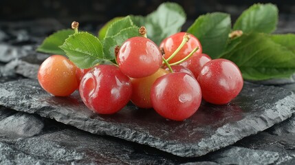 Fresh, vibrant, red and yellow plums on dark stone slate.