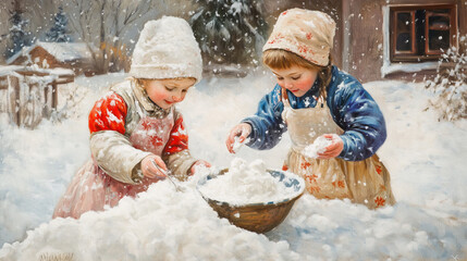 Vintage painting of two girls in winter clothes and aprons gathering snow in wooden bowl outside cottage