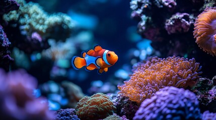 A vibrant clownfish swimming among colorful coral in a reef habitat.