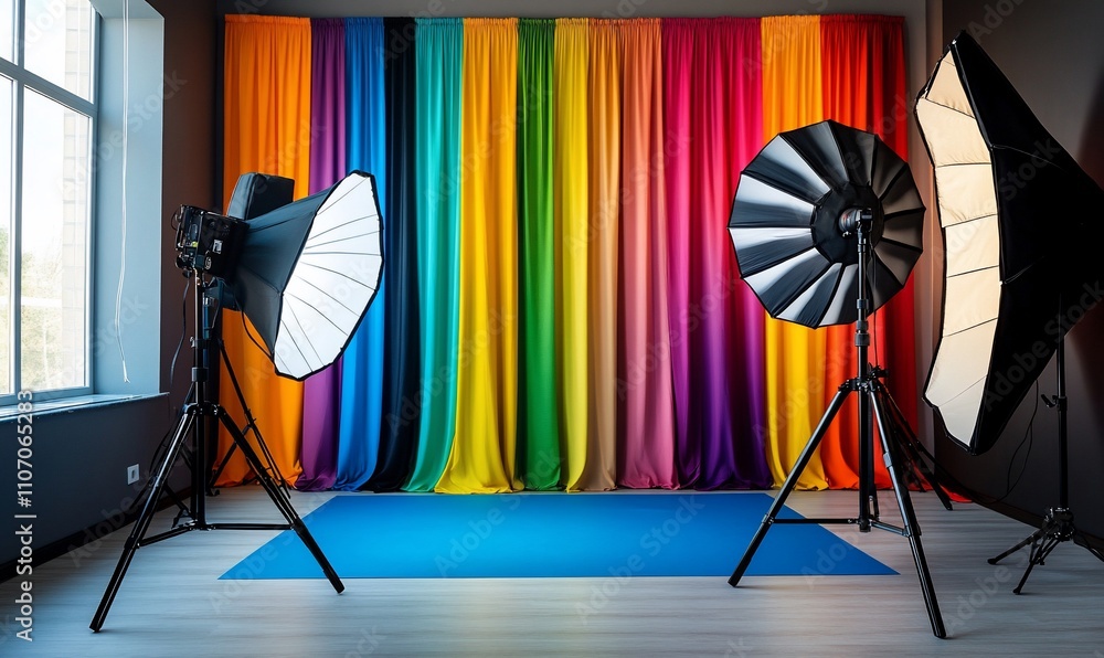 Poster a vibrant photo studio setup with colorful backdrops and lighting.