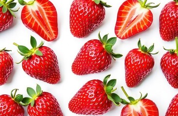 Fresh strawberries arranged neatly on a white background, one cut in half