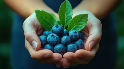 Freshly picked blueberries held in hands, with leaves.