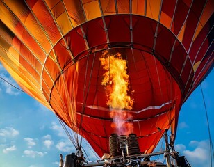Obraz premium Close-up of a vibrant orange hot air balloon being inflated with a fiery burner against a clear blue sky background.