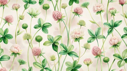 Elegant Botanical Clover Pattern Featuring Delicate Pink and White Blooms
