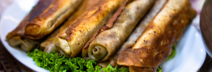 pancakes with meat on the table, restaurant service concept