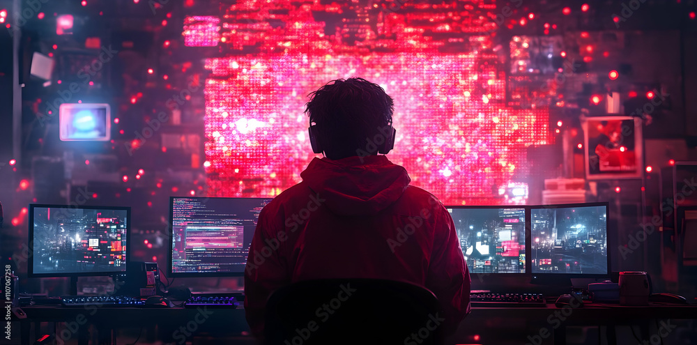 Poster A person immersed in a digital environment with multiple screens and vibrant visuals.