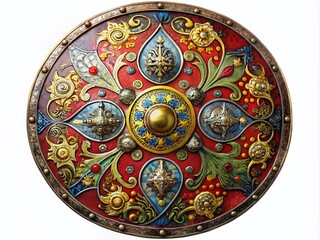 Naklejka premium Panoramic View of a Medieval Metal Shield Isolated on White Background, Perfect for Historical Themes and Art Projects, Showcasing Detailed Craftsmanship and Design Elements