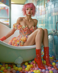 A fashion portrait of a young and confident woman in a modern dress sitting in a bathtub surrounded by many colorful balls, with cheerful colors in the style of famous fashion designers